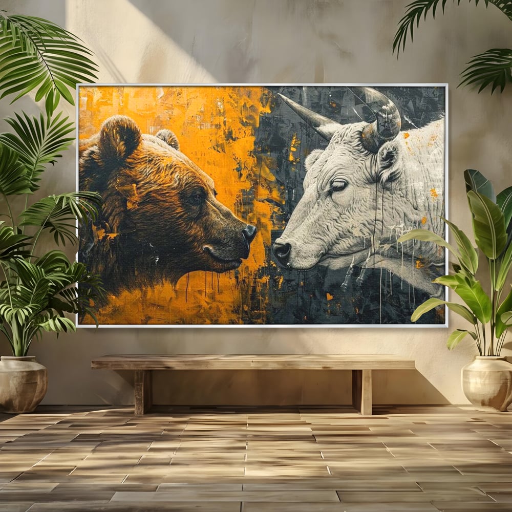 Tablou canvas cu tablou canvas cu urs si taur, in rama de aluminiu argintiu